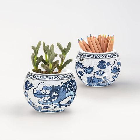 Pintoo K1112 Blue & White by Alexander the Fat Tiger - Sky Fat Dragon - Flower Pot Jigsaw Puzzle
